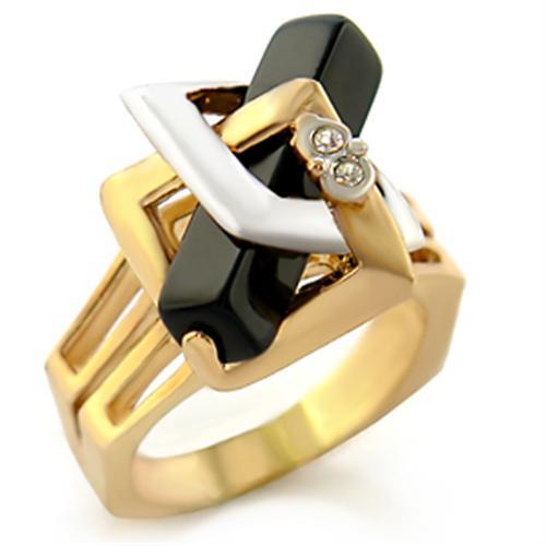 JCE108 Gold+Rhodium Brass Ring with Semi-Precious Onyx in Jet