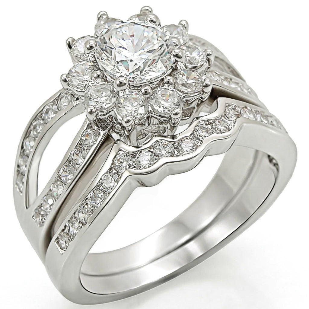 JCE008 Rhodium Brass Ring with AAA Grade CZ  in Clear