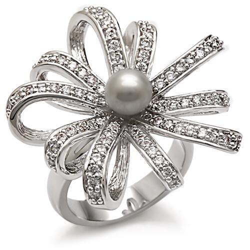 JCE093 Rhodium Brass Ring with Synthetic Pearl in Gray