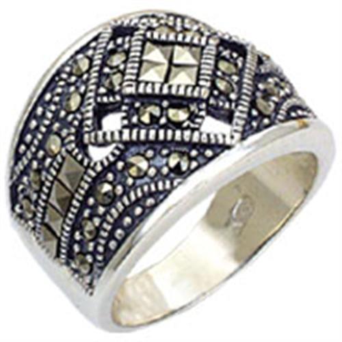 JCE114 Antique Tone 925 Sterling Silver Ring with Semi-Precious Jade in Jet