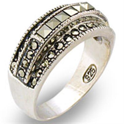 JCE011 Antique Tone 925 Sterling Silver Ring with Semi-Precious Marcasite in Jet