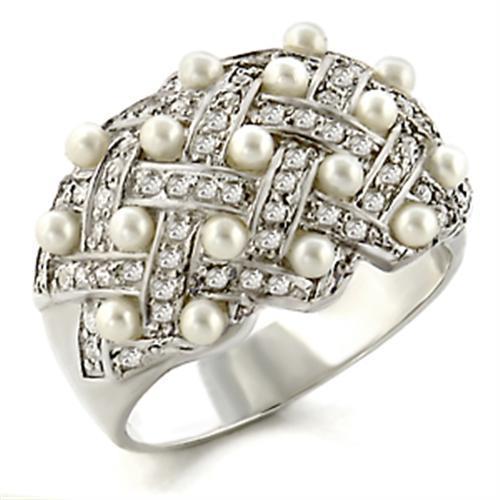 JCE819 High-Polished 925 Sterling Silver Ring with Synthetic Pearl in White