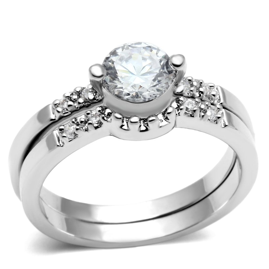 JCE044 Rhodium Brass Ring with AAA Grade CZ  in Clear