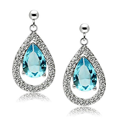 JCE083 Rhodium Brass Earrings with Synthetic Synthetic Glass in Sea Blue