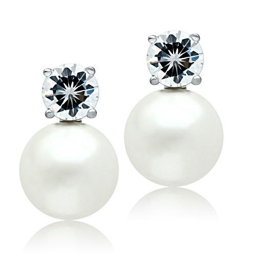 JCE088 Rhodium Brass Earrings with Synthetic Pearl in White