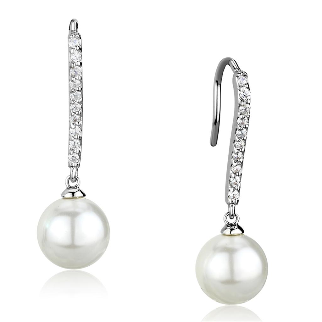 JCE1059 Rhodium Brass Earrings with Synthetic Pearl in White