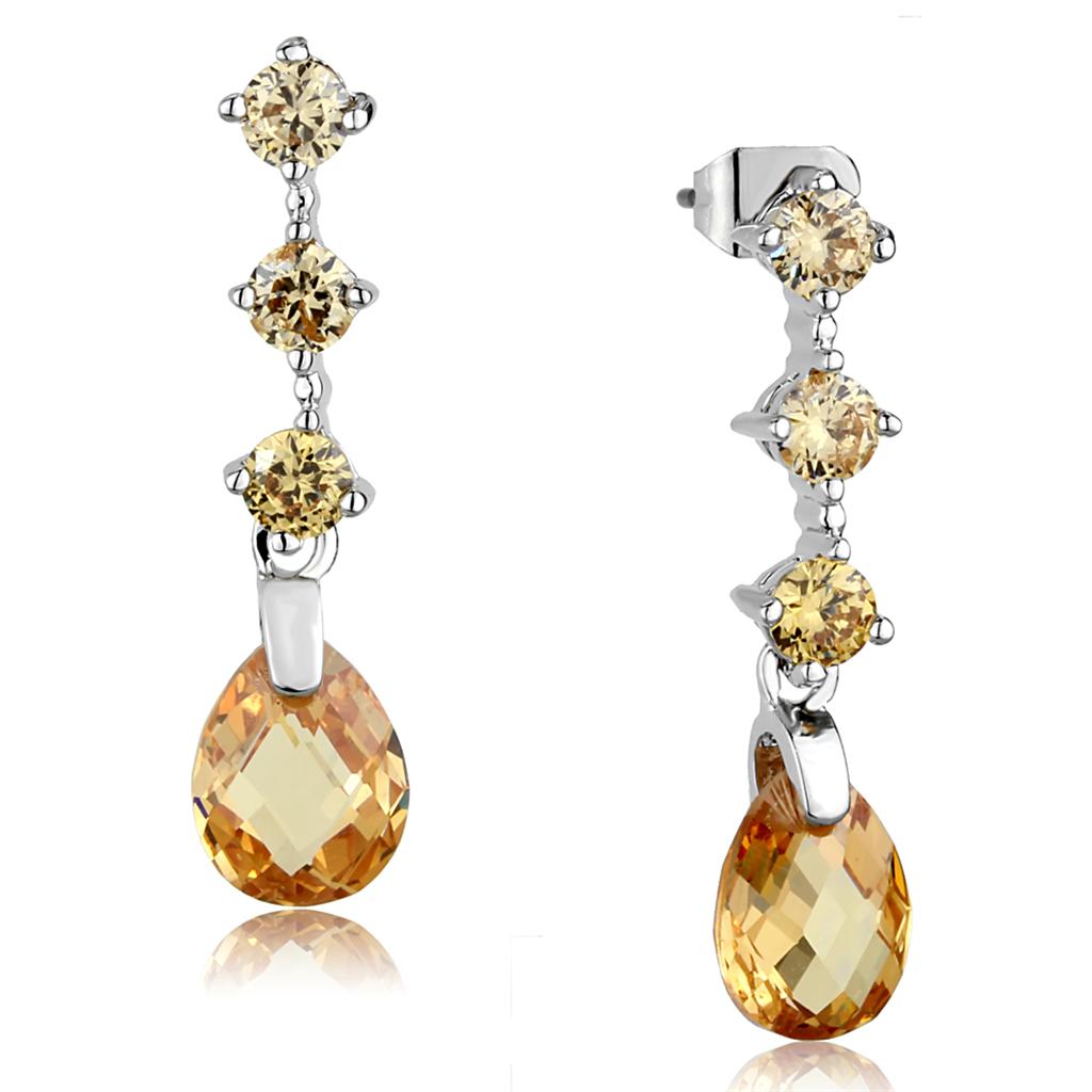 JCE1063 Rhodium Brass Earrings with AAA Grade CZ  in Champagne