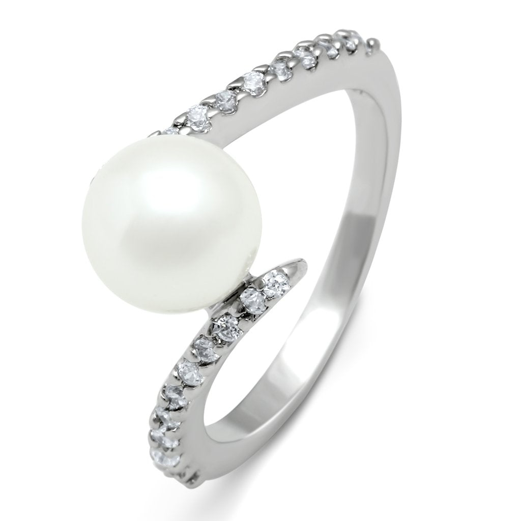 JCE126 Rhodium Brass Ring with Synthetic Pearl in White