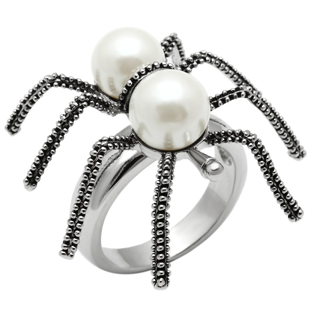 JCE226 Rhodium Brass Ring with Synthetic Pearl in White