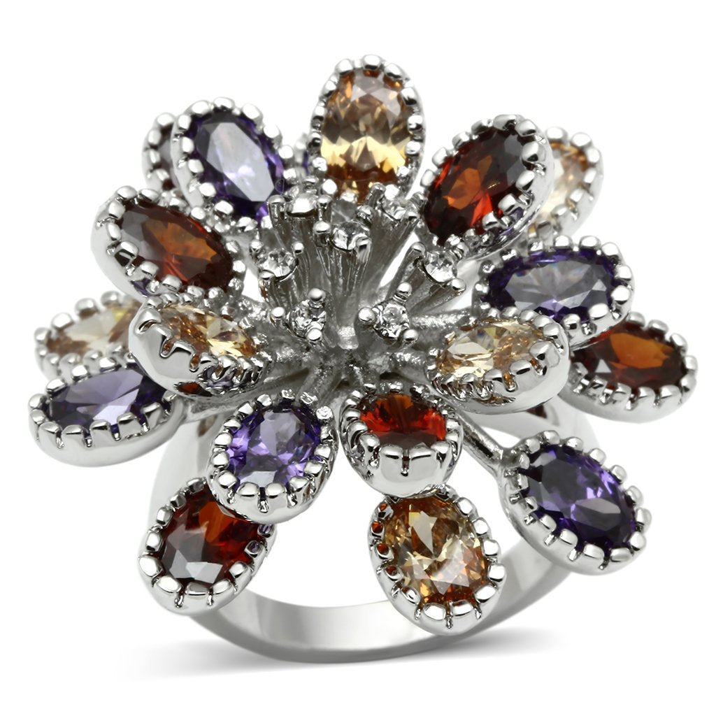 JCE251 Rhodium Brass Ring with AAA Grade CZ  in Multi Color
