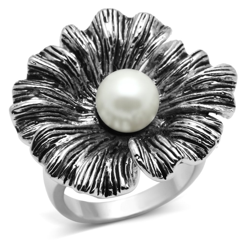 JCE259 Rhodium Brass Ring with Synthetic Pearl in White