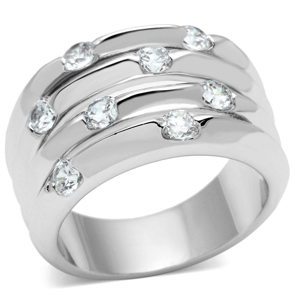 JCE275 Rhodium Brass Ring with AAA Grade CZ  in Clear
