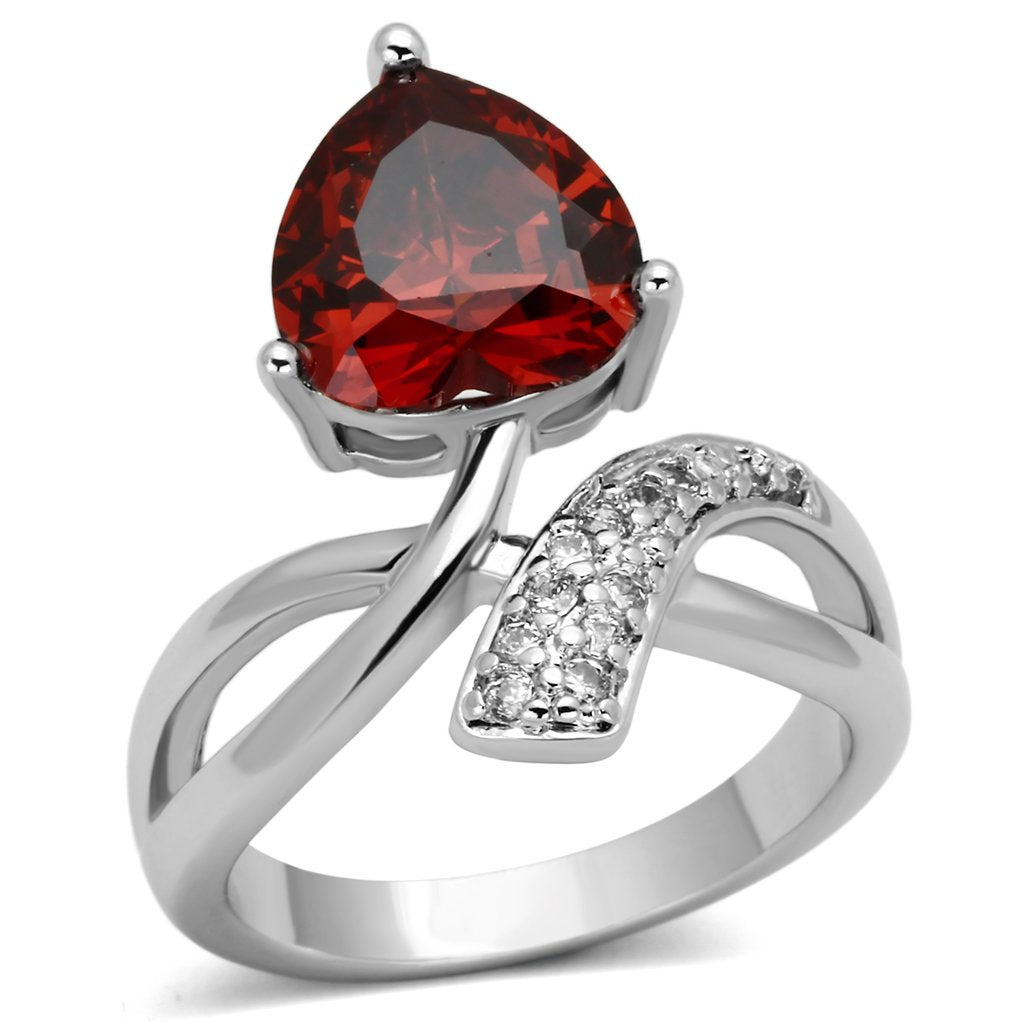 JCE323 Rhodium Brass Ring with AAA Grade CZ  in Garnet