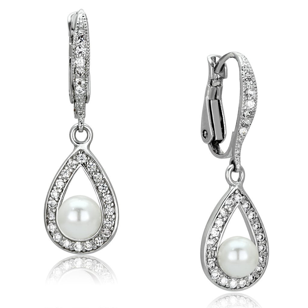 JCE344 Rhodium Brass Earrings with Synthetic Pearl in White