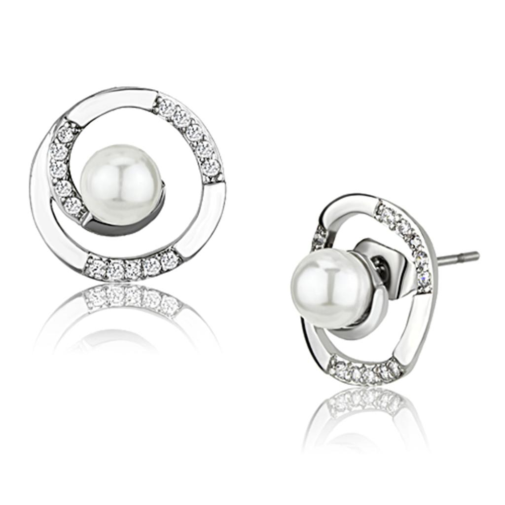 JCE366 Rhodium Brass Earrings with Synthetic Pearl in White