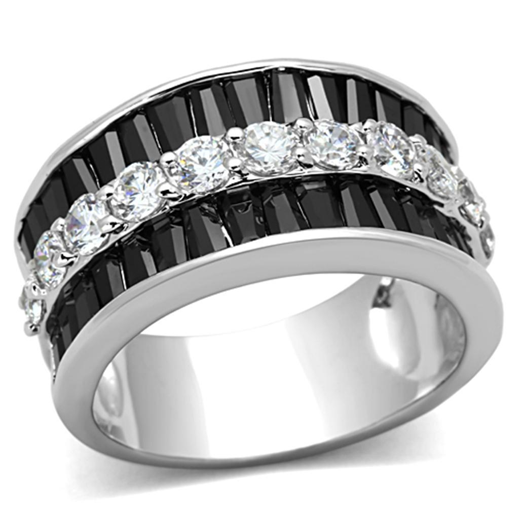 JCE513 Rhodium Brass Ring with AAA Grade CZ  in Black Diamond