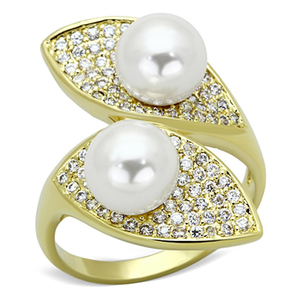 JCE522 Gold Brass Ring with Synthetic Pearl in White