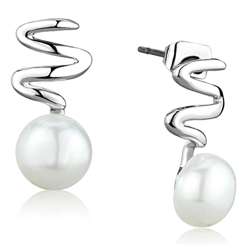 JCE687 Rhodium Brass Earrings with Synthetic Pearl in White
