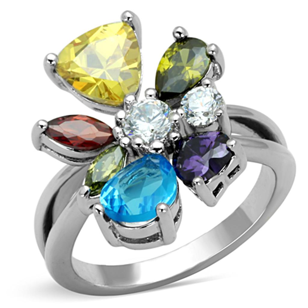 JCE789 Rhodium Brass Ring with AAA Grade CZ  in Multi Color