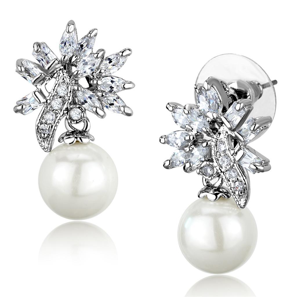 JCE888 Rhodium Brass Earrings with Synthetic Pearl in White