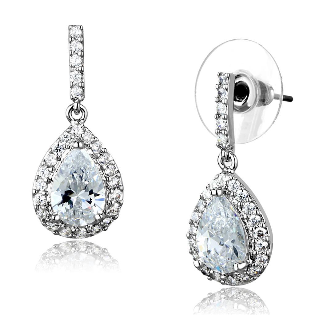 JCE903 Rhodium Brass Earrings with AAA Grade CZ  in Clear