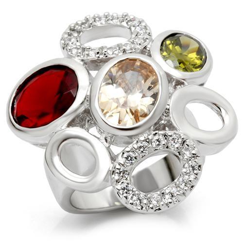 JCE021 Rhodium Brass Ring with AAA Grade CZ  in Multi Color