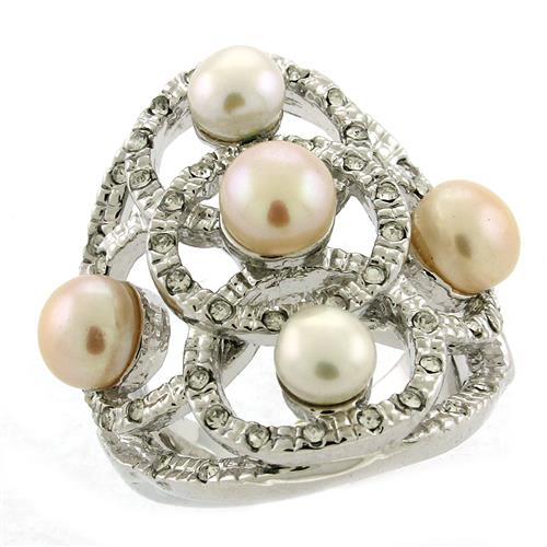 JCE087 Rhodium Brass Ring with Semi-Precious Pearl in Multi Color