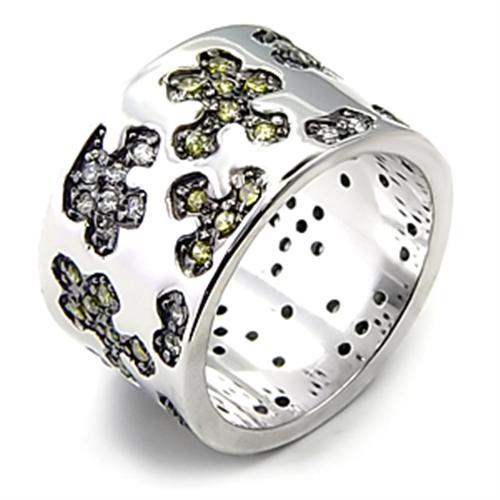 JCE229 Rhodium + Ruthenium 925 Sterling Silver Ring with AAA Grade CZ  in Olivine color