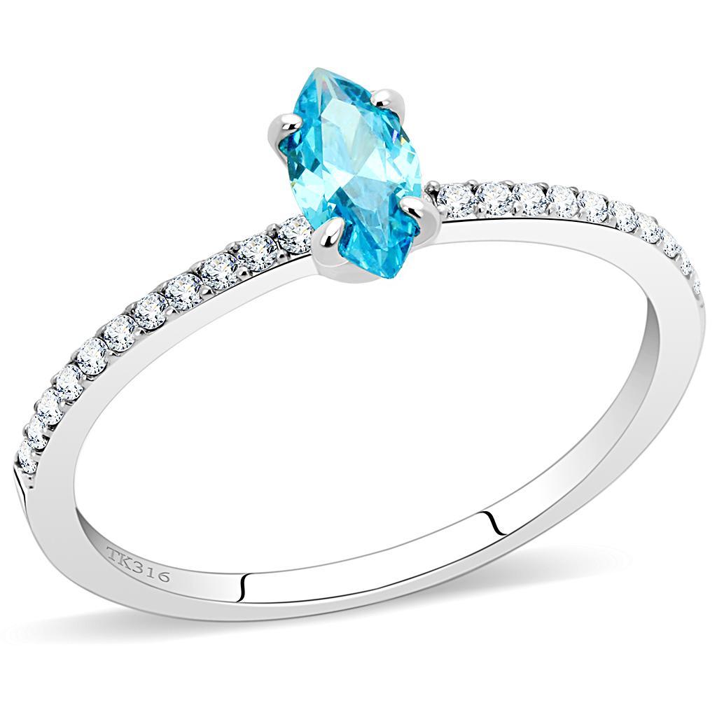 JCE034 High polished (no plating) Stainless Steel Ring with AAA Grade CZ  in Sea Blue