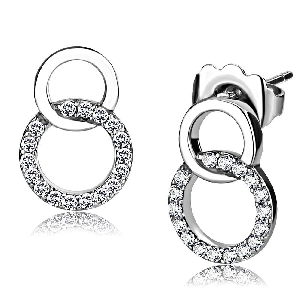 JCE179 High polished (no plating) Stainless Steel Earrings with AAA Grade CZ  in Clear