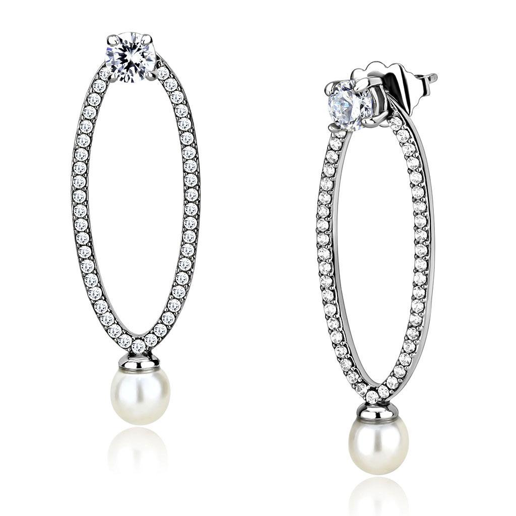 JCE223 High polished (no plating) Stainless Steel Earrings with Synthetic Pearl in White
