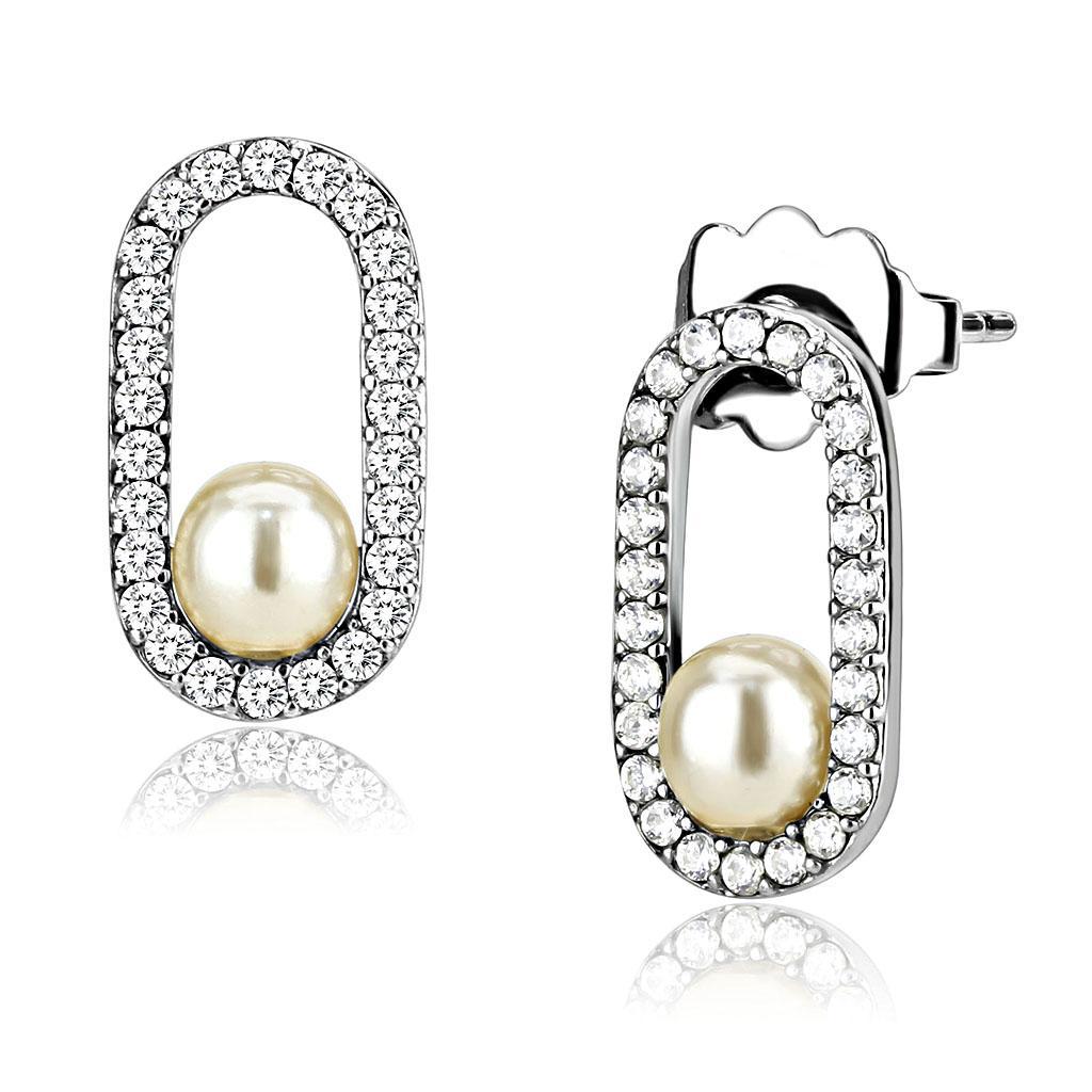 JCE225 High polished (no plating) Stainless Steel Earrings with Synthetic Pearl in White