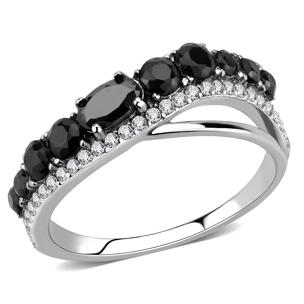 JCE269 High polished (no plating) Stainless Steel Ring with AAA Grade CZ  in Black Diamond