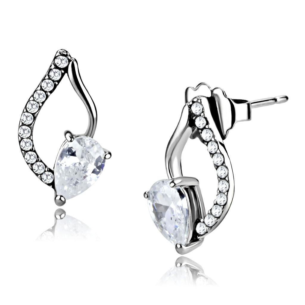 JCE290 High polished (no plating) Stainless Steel Earrings with AAA Grade CZ  in Clear