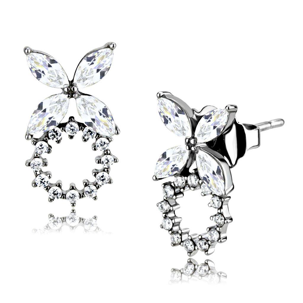 JCE296 High polished (no plating) Stainless Steel Earrings with AAA Grade CZ  in Clear