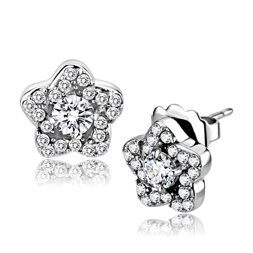 JCE297 High polished (no plating) Stainless Steel Earrings with AAA Grade CZ  in Clear