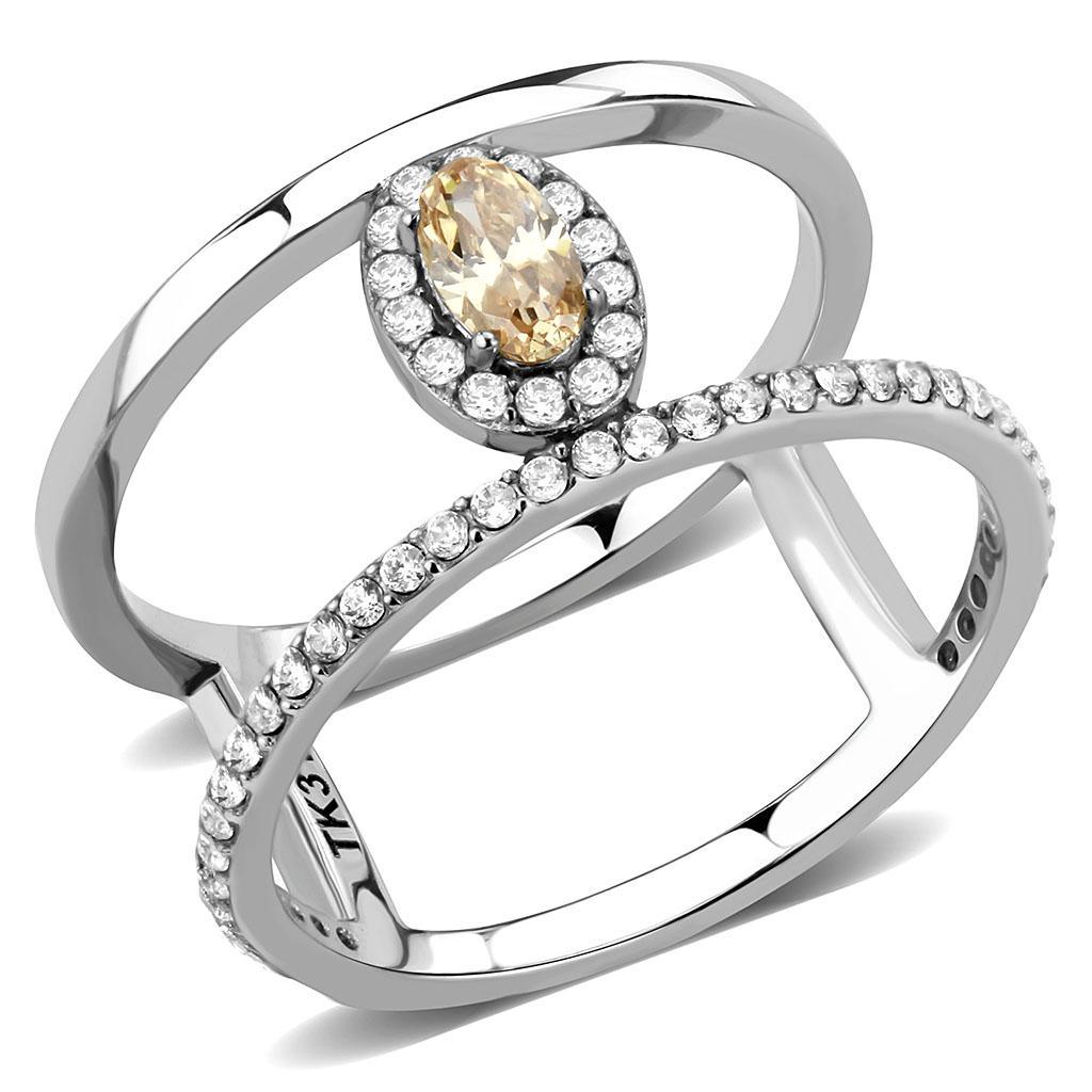 JCE352 High polished (no plating) Stainless Steel Ring with AAA Grade CZ  in Champagne