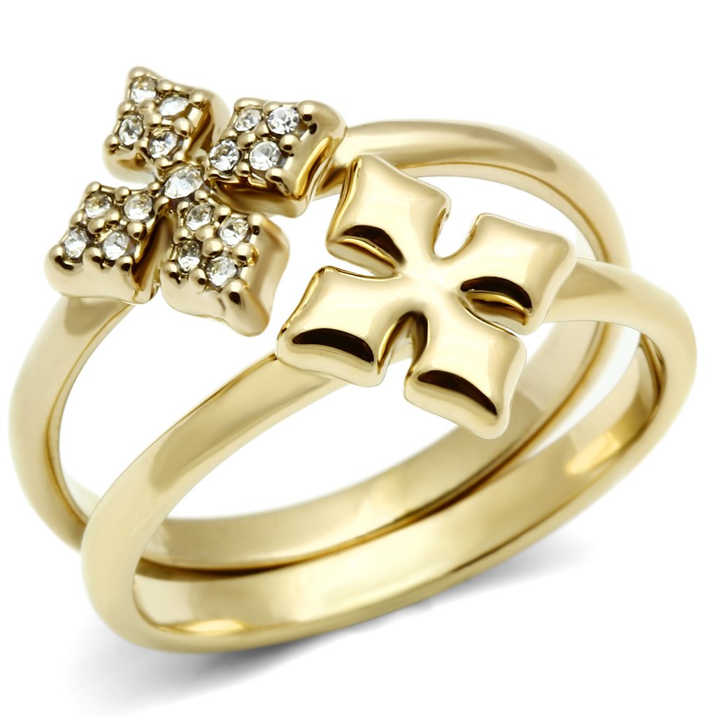 JCE319 IP Gold(Ion Plating) Brass Ring with Top Grade Crystal  in Clear