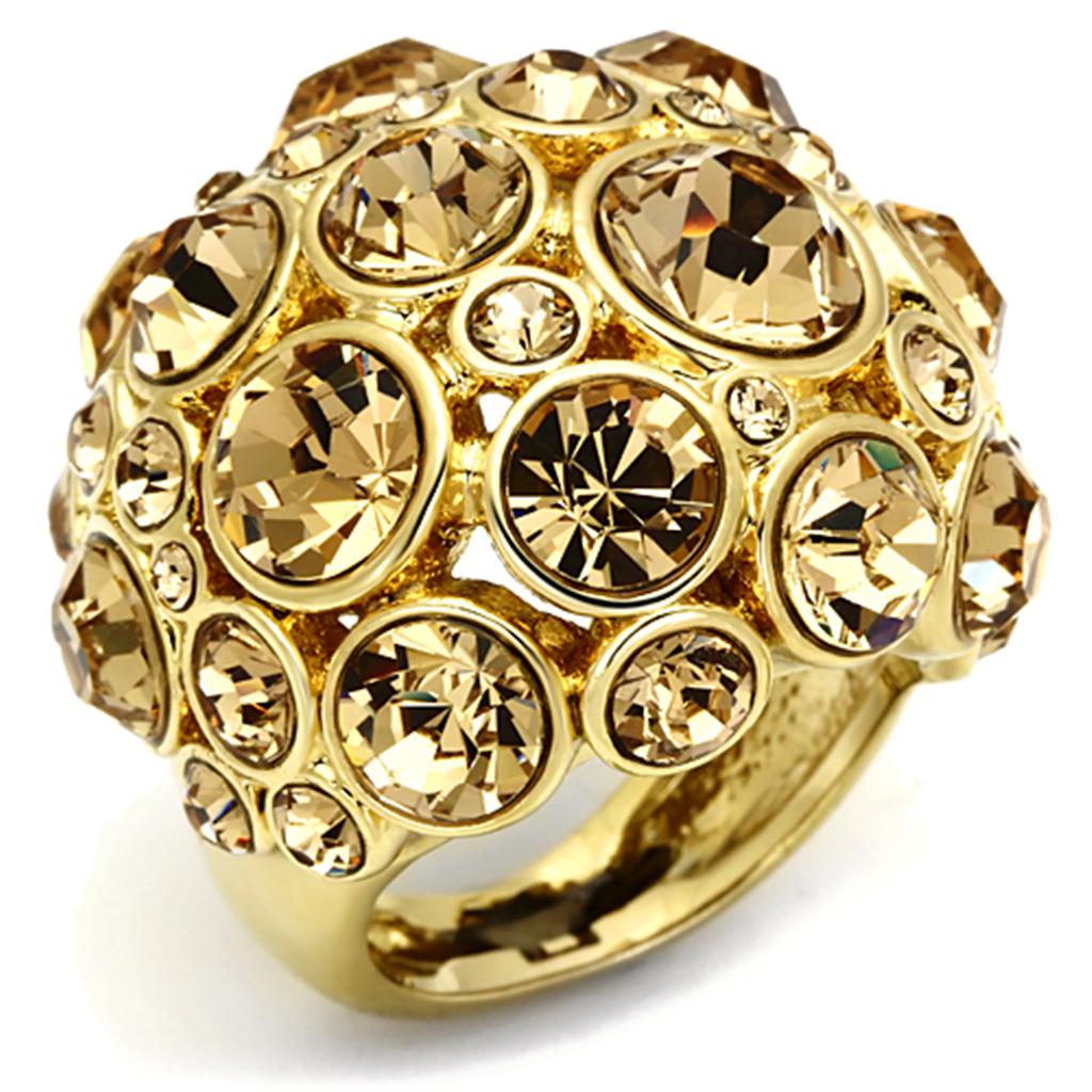 JCE2463 Gold Brass Ring with Top Grade Crystal  in Light Smoked