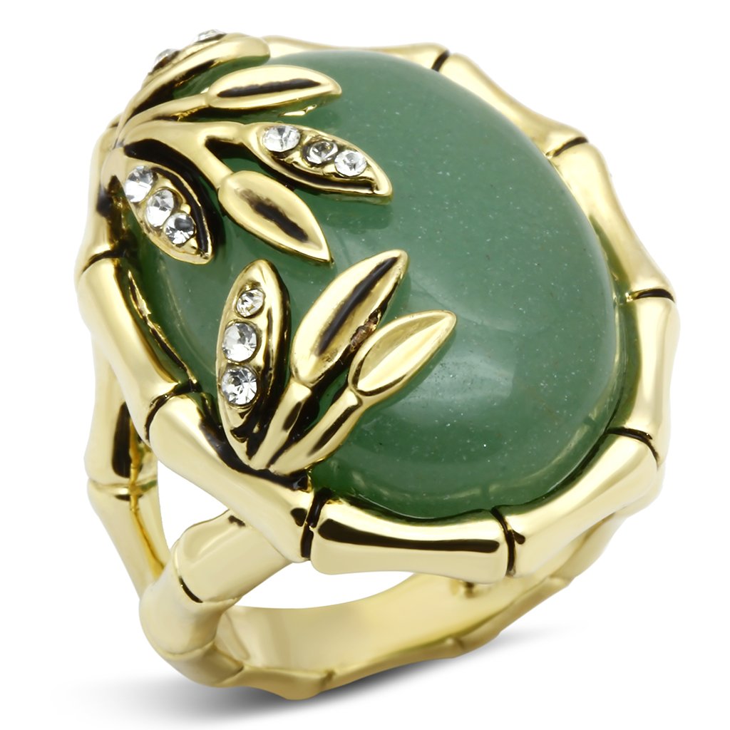 JCE2609 Gold Brass Ring with Semi-Precious Jade in Emerald