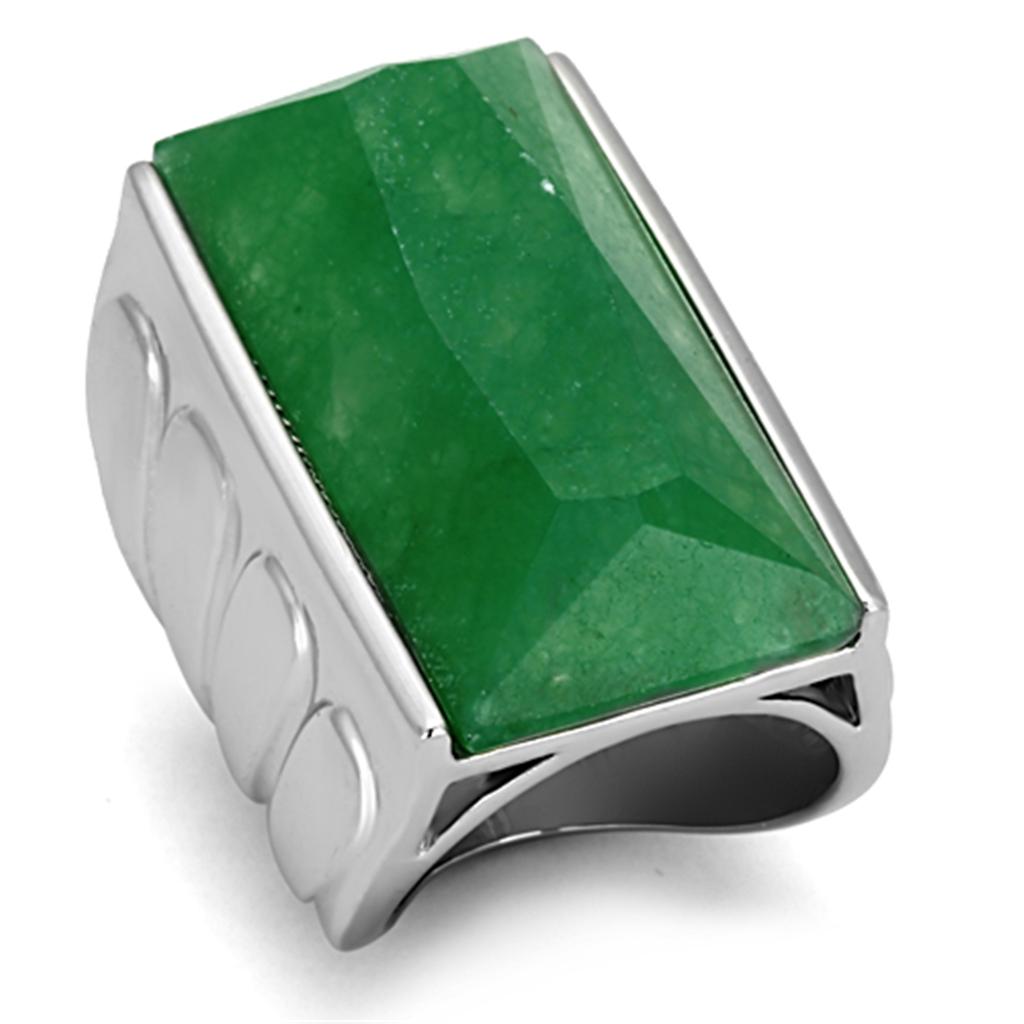 JCE3023 Rhodium Brass Ring with Synthetic Jade in Emerald