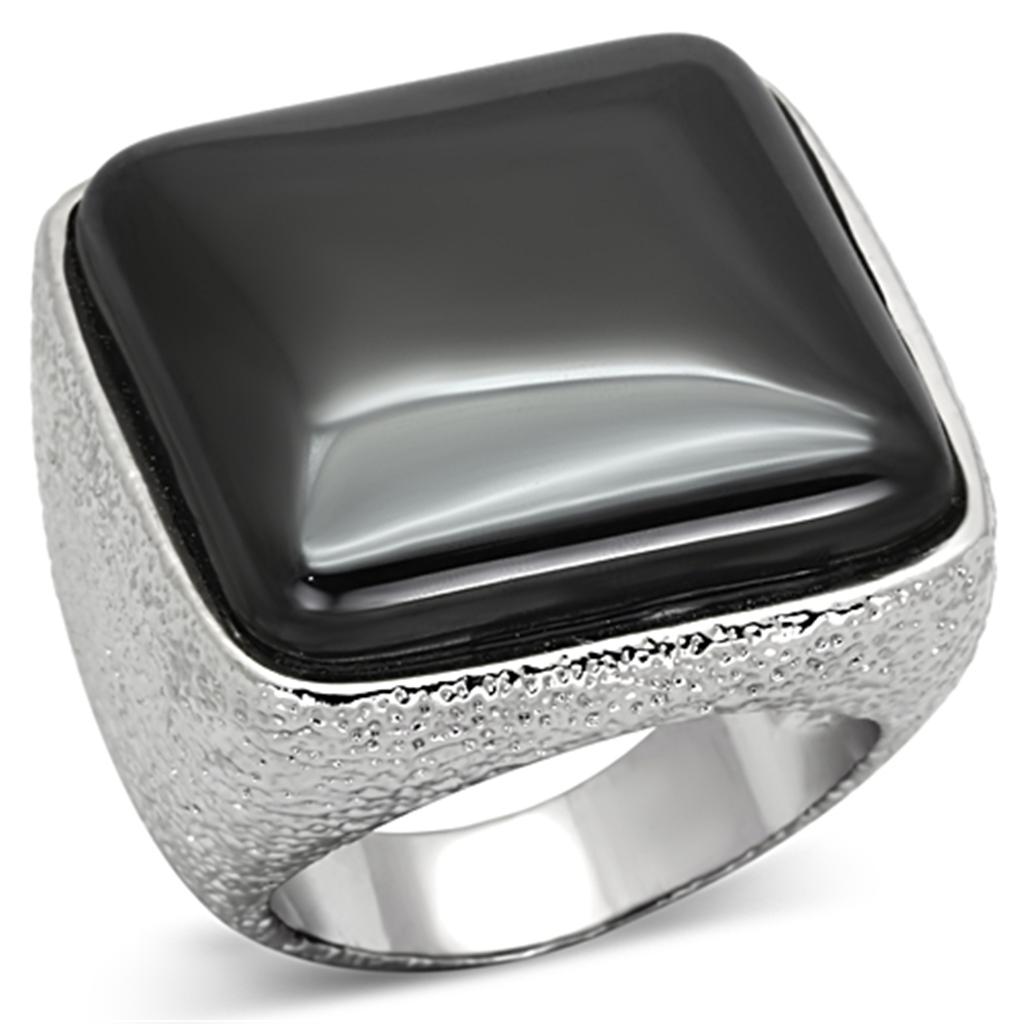 JCE3045 Rhodium Brass Ring with Semi-Precious Agate in Jet