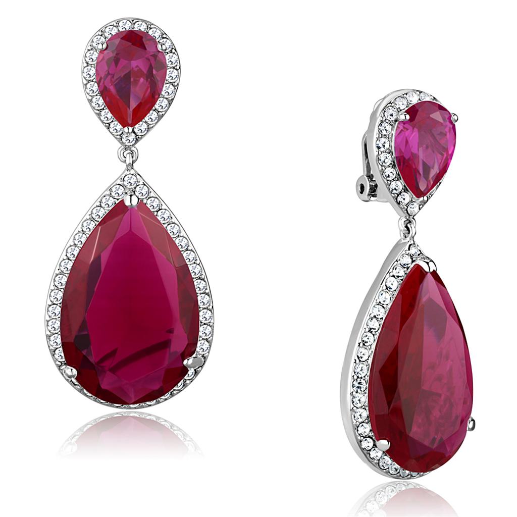 JCE3296 Rhodium Brass Earrings with AAA Grade CZ  in Ruby