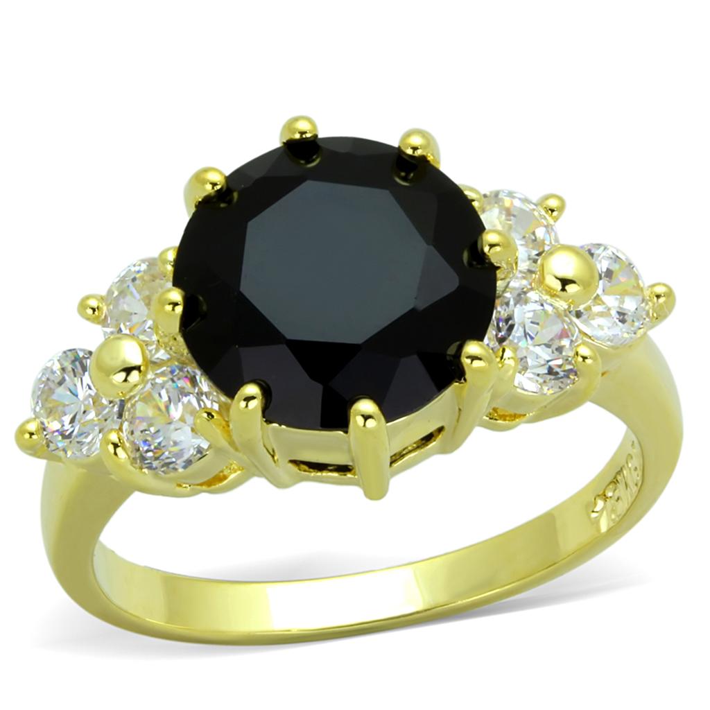 JCE3386 Gold Brass Ring with Synthetic Synthetic Glass in Jet