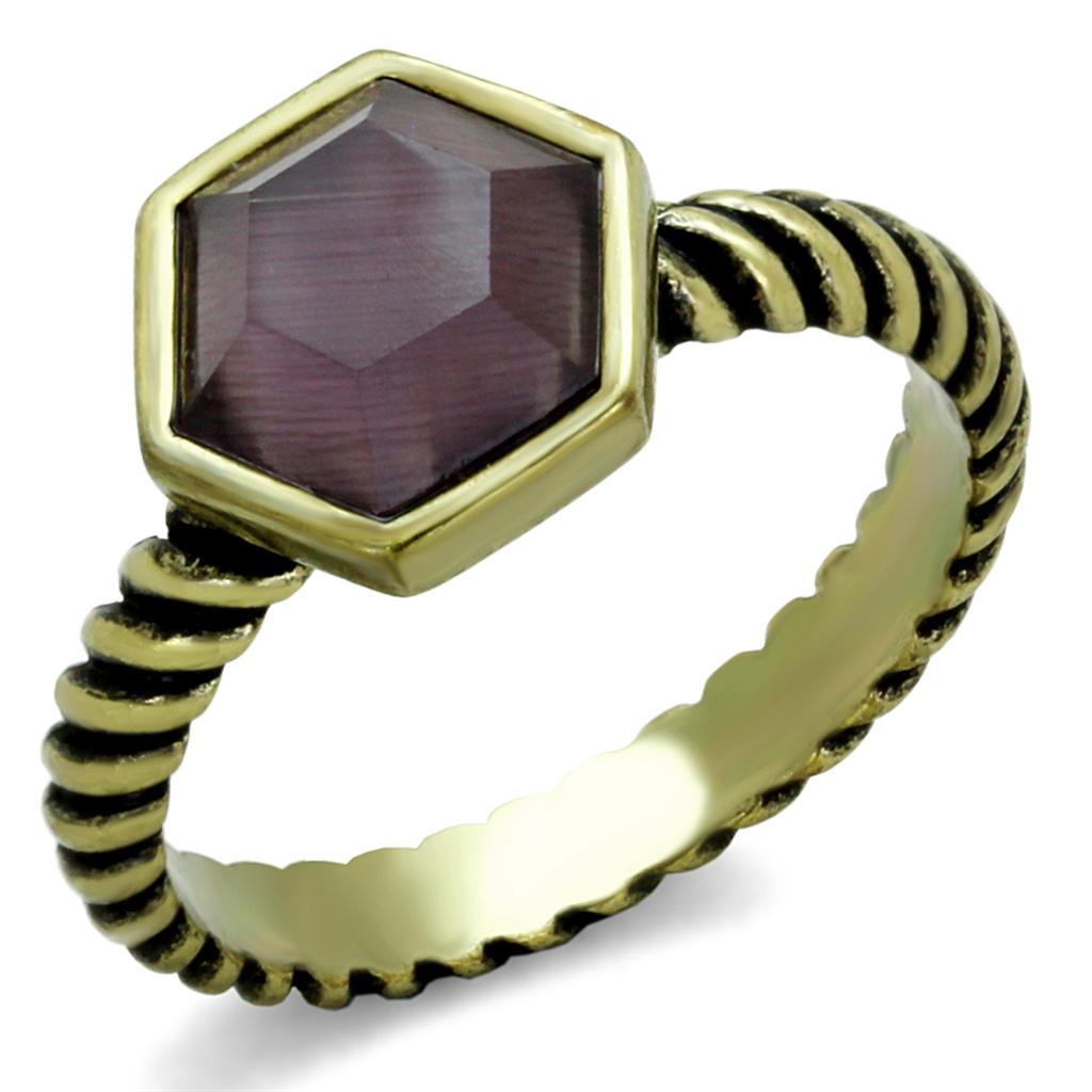 JCE3545 Antique Copper Brass Ring with Synthetic Cat Eye in Amethyst