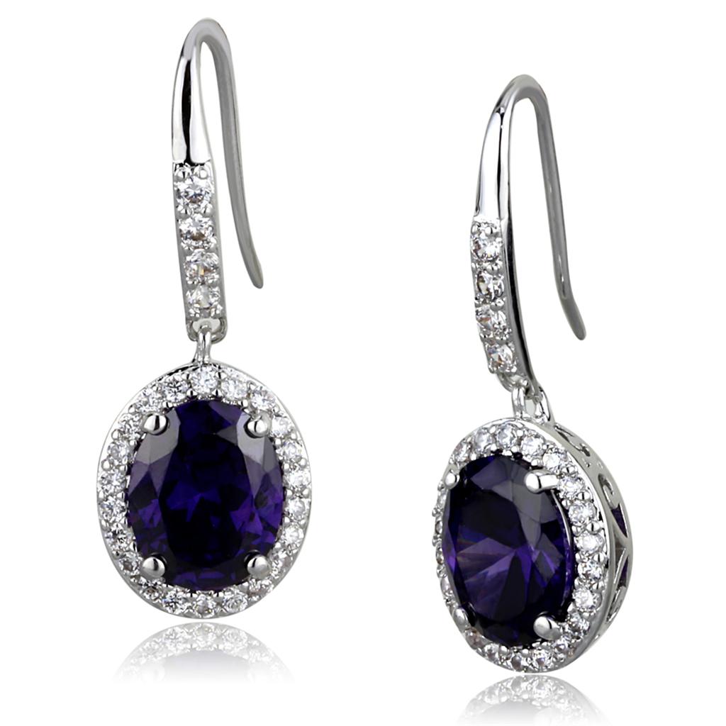 JCE3771 Rhodium Brass Earrings with AAA Grade CZ  in Amethyst