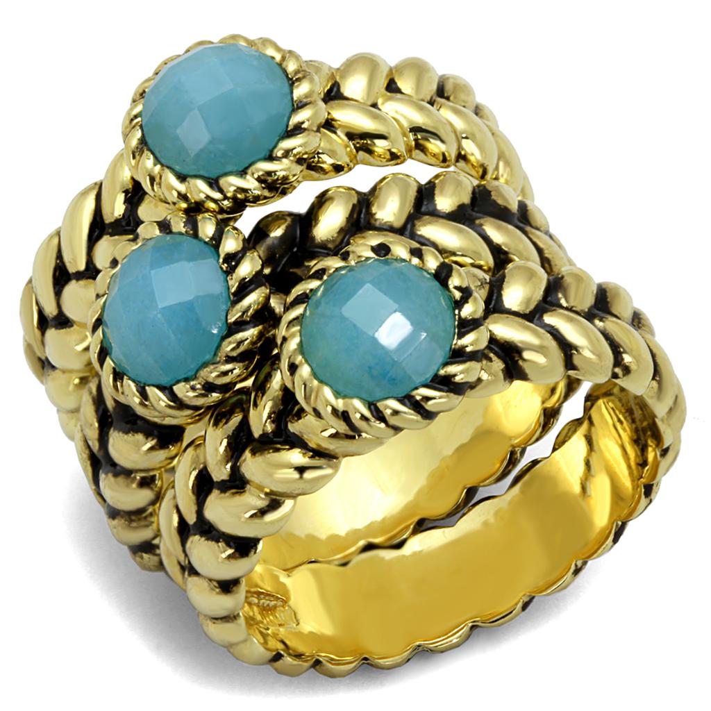 JCE3922 Gold Brass Ring with Synthetic Cat Eye in Sea Blue