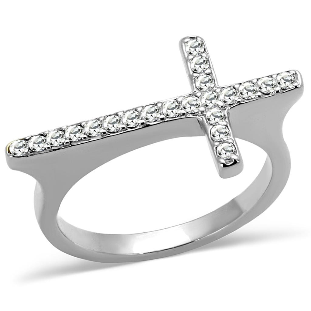 JCE3976 Rhodium Brass Ring with Top Grade Crystal  in Clear