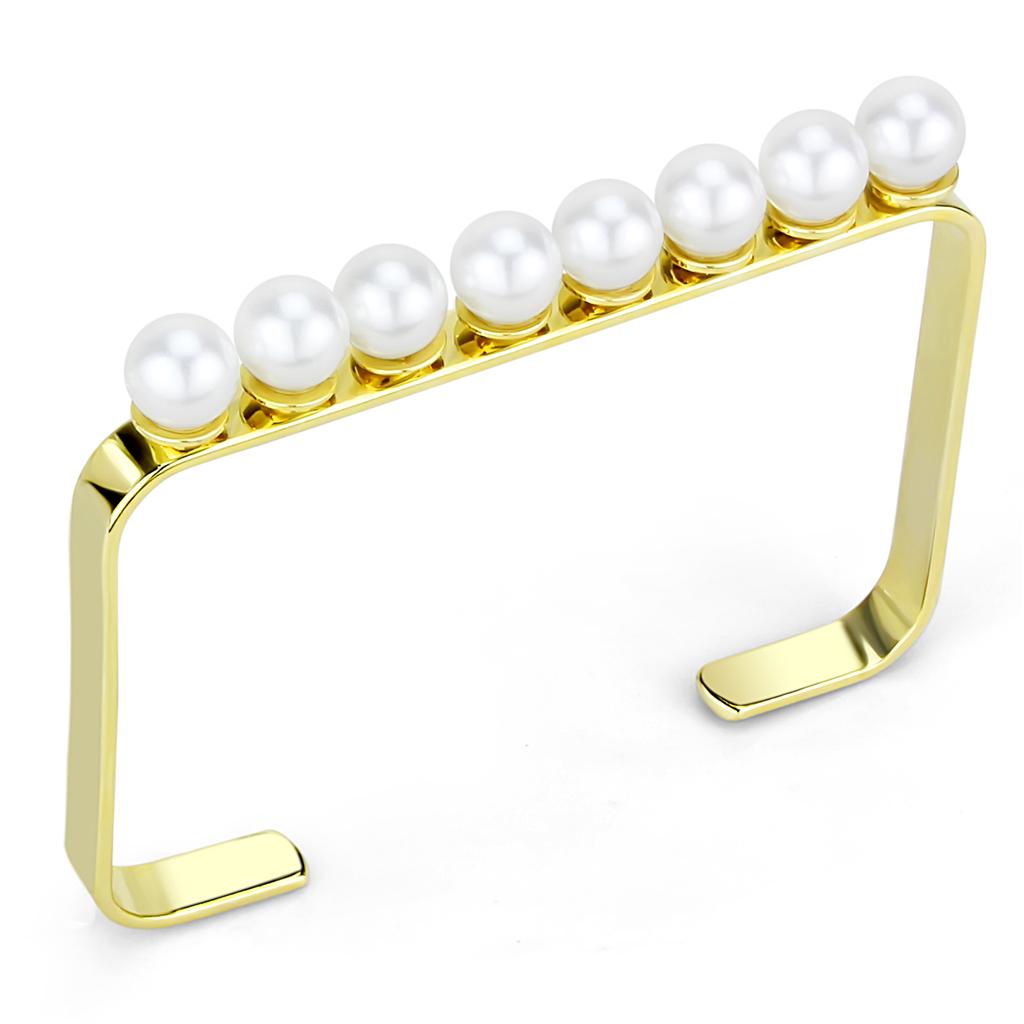 JCE4232 Gold Brass Bangle with Synthetic Pearl in White