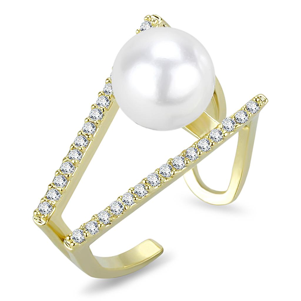 JCE4246 Flash Gold Brass Ring with Synthetic Pearl in White